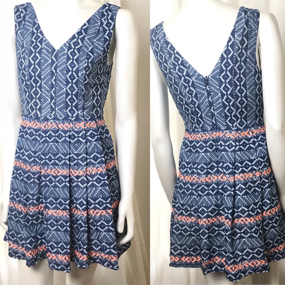 Anthropologie Blue White Mini Dress with Coral Accent